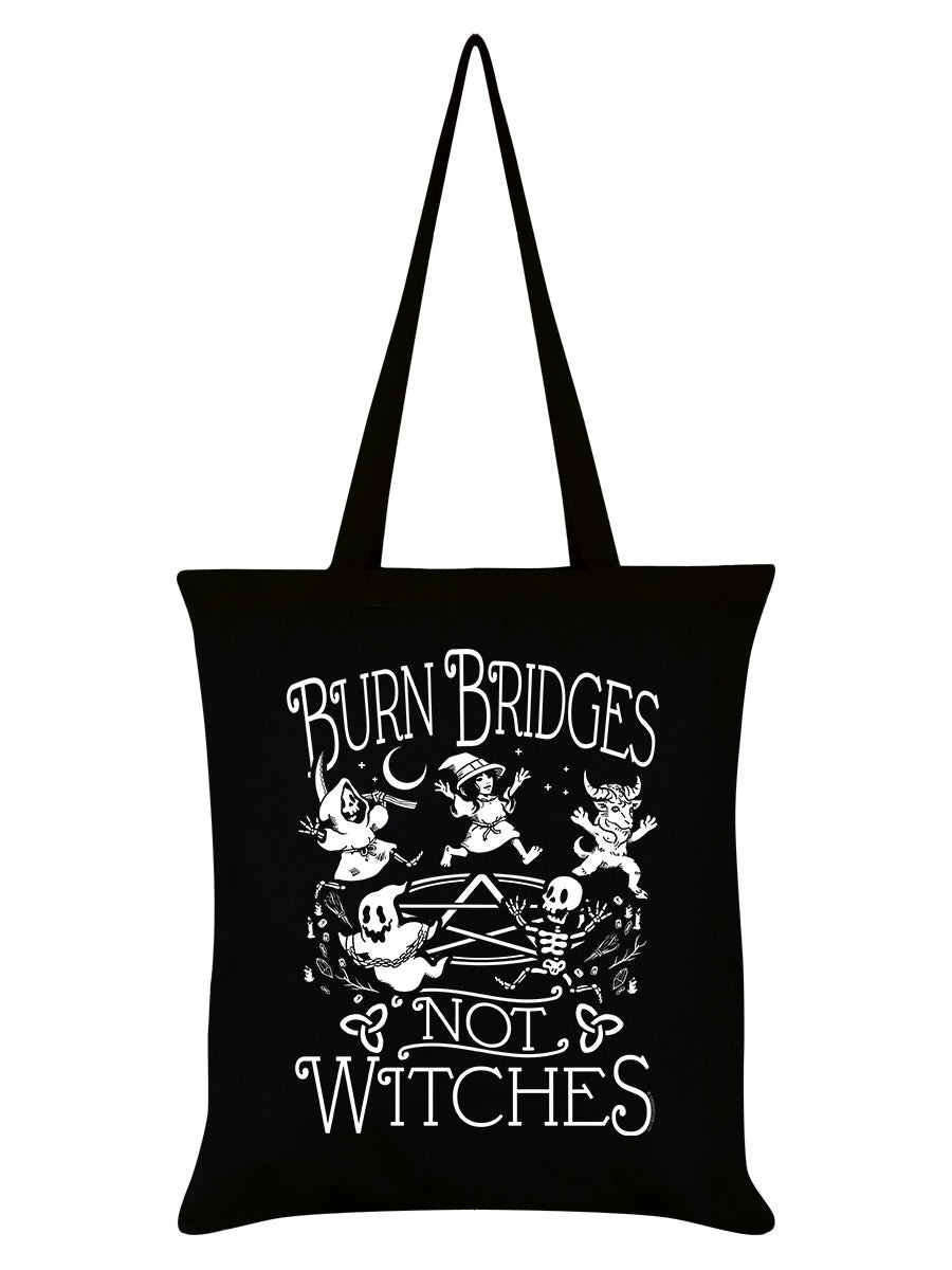 Burn Bridges Not Witches Black Tote Bag Funny Horror Alternative Fasion