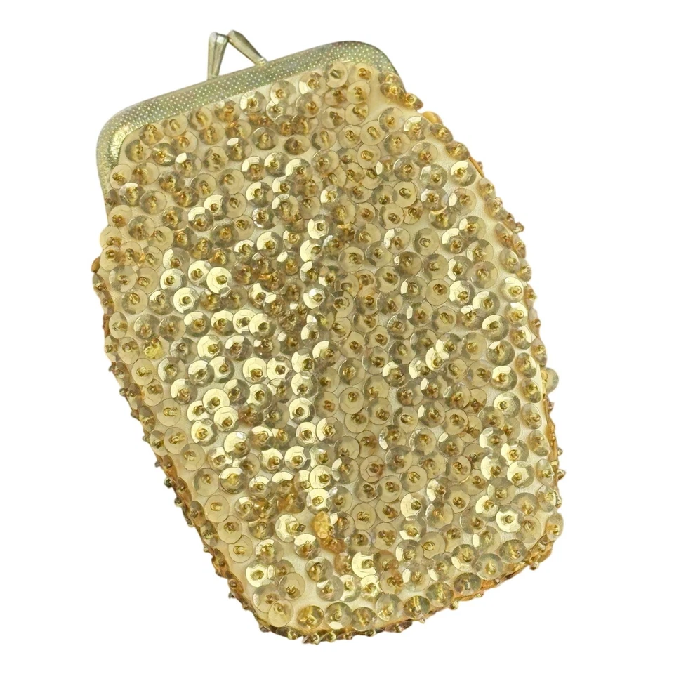 Женские винтажные золото блестками монета сумочки с бисером спереди цветок деталь и застежка - Изображение 4 из 4