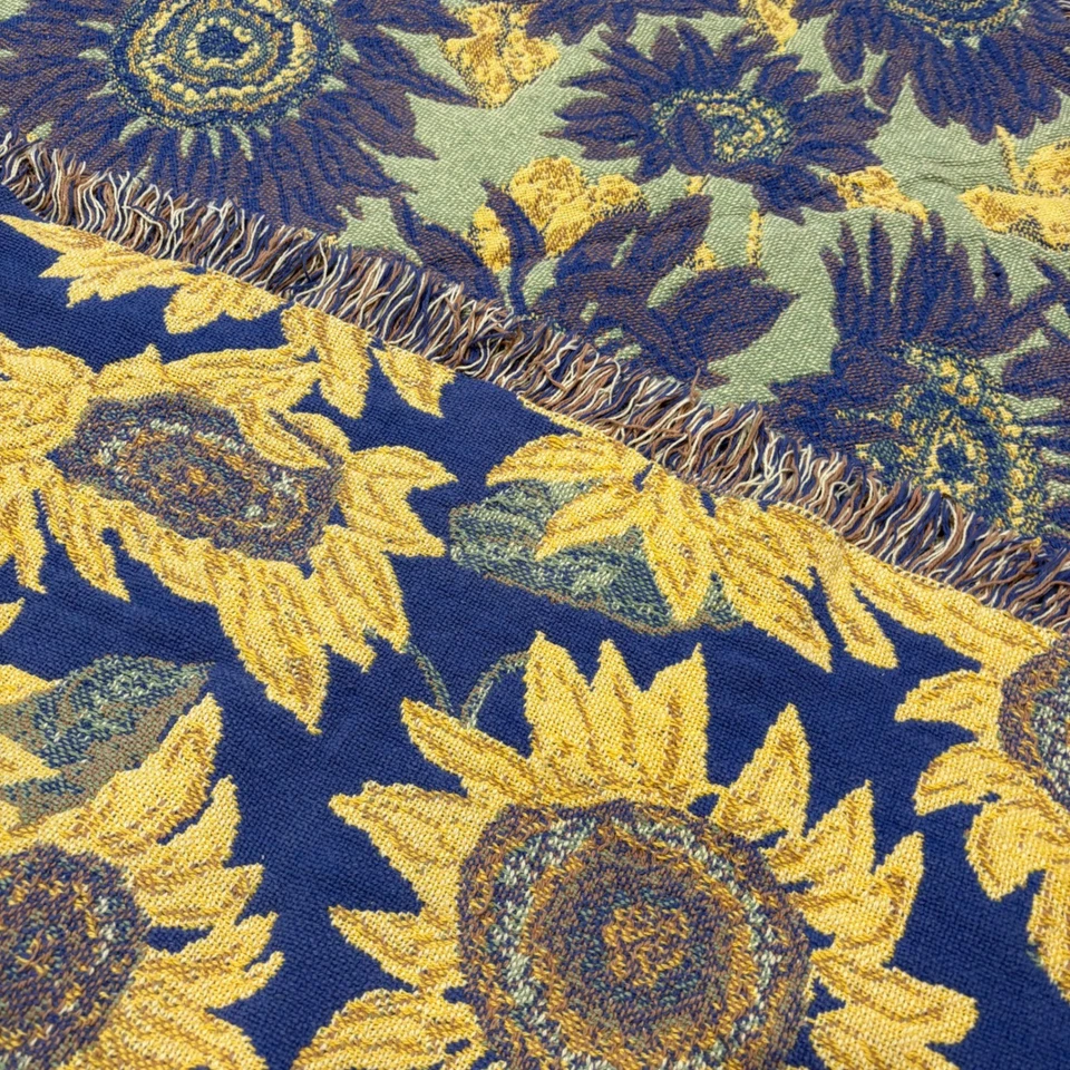 Vintage Woven Throw Blanket Sunflowers Blue Yellow Green Fringe Cozy Home Decor - Image 4 of 4