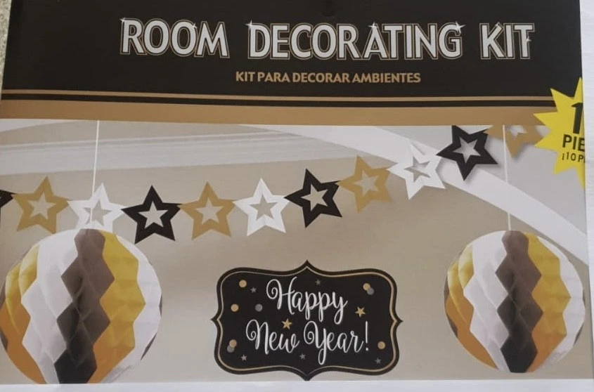 CLEARANCE New Year Decorations Banners Pom Pom Balls Black Gold Pack of 4 Decs - Image 2 of 2