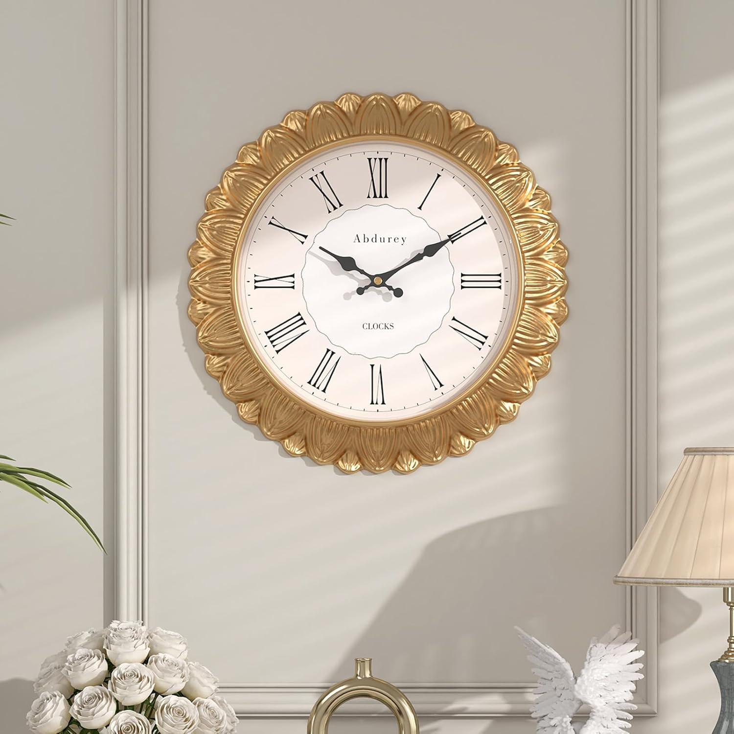 12 Inch Gold Sunflower Decorative Wall Clock, Boho Decor Wall Clocks for Living