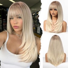 HAIRCUBE Layered Platinum Blonde Medium Long Straight Synthetic Wigs for Women 