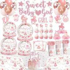 171PCS Pink Baby Shower Decorations for Girl Tableware Set, 20 Serves Disposa...