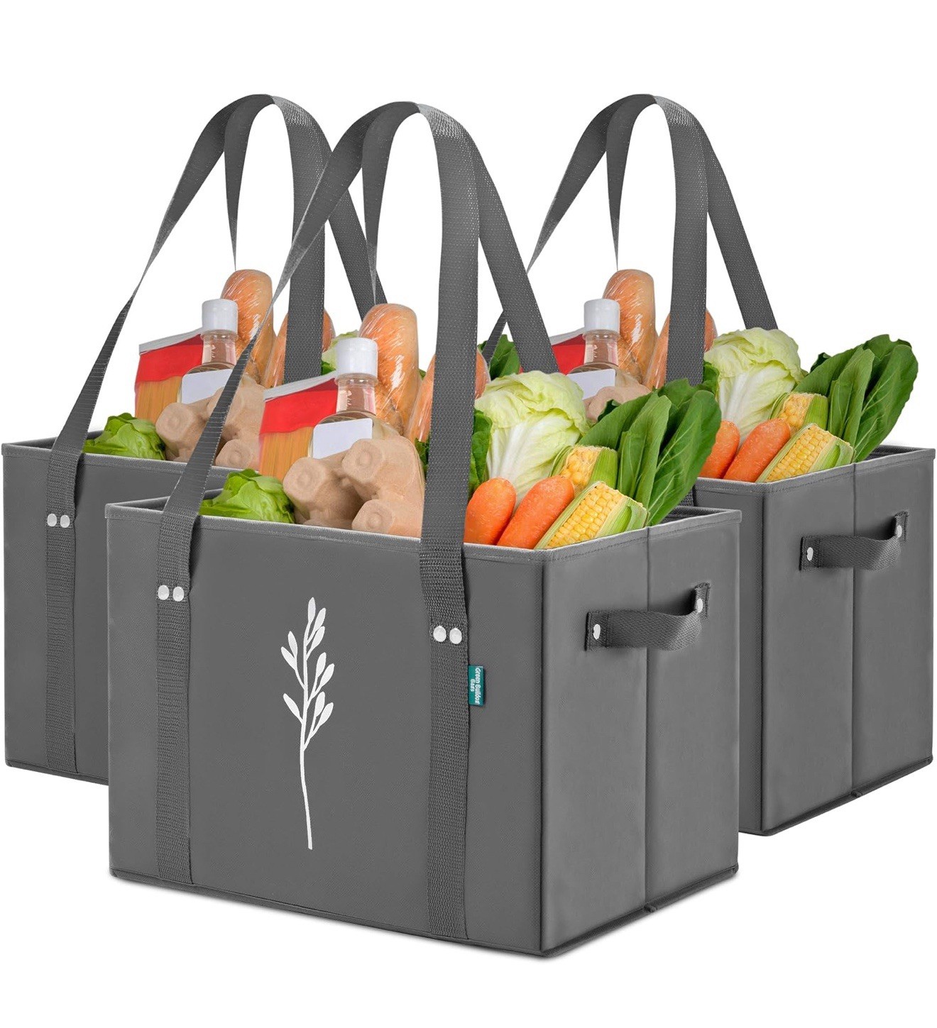 Reusable Grocery Bags (3 Pack) &ndash; Heavy Duty Reusable Shopping Bags w/Box Shape