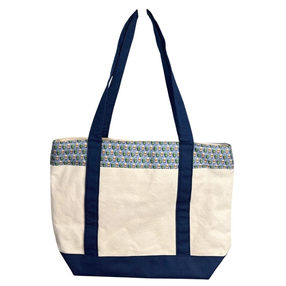 Vineyard Vines Canvas Tote Full Zip Closure Fully Lined Blue Cream 16x12x5 - Image 2 of 4