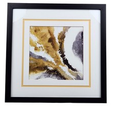 Framed Abstract Litho 17x17 Signed Contemporary Gold Gray Brown Ready to Hang