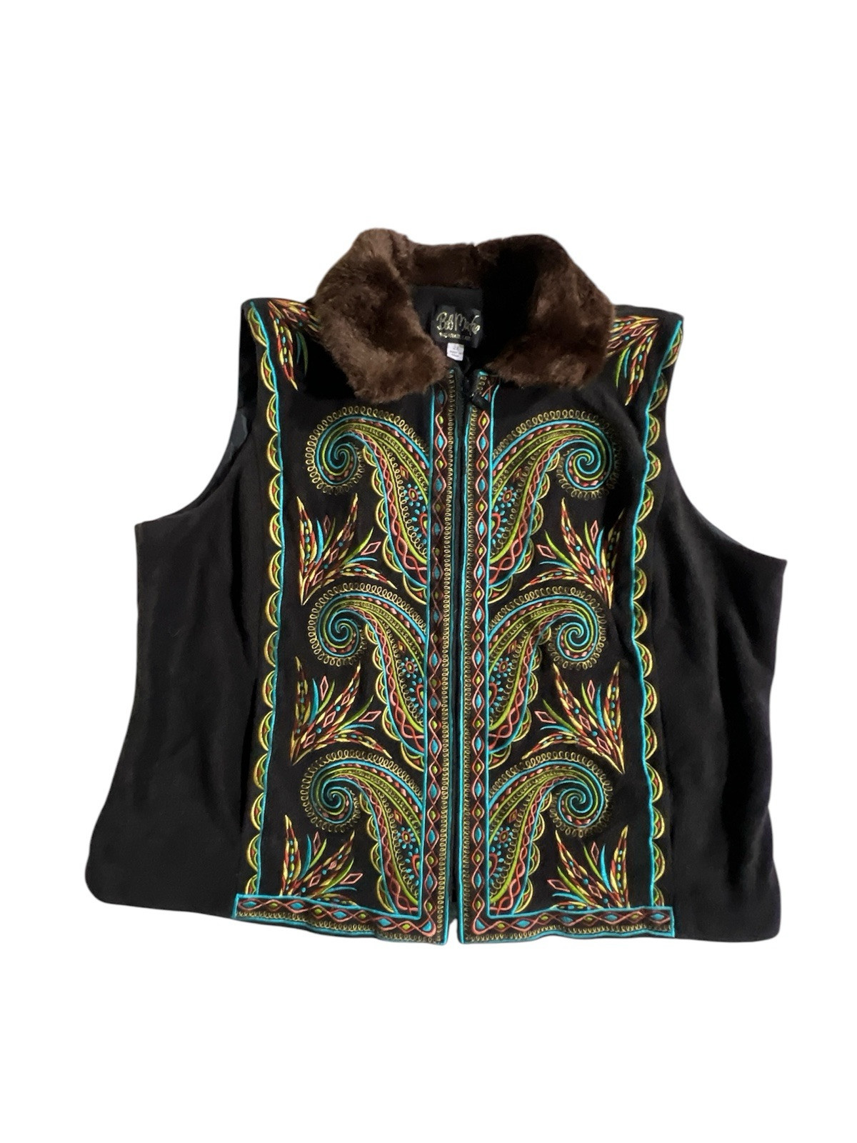 Bob Mackie Women's Wearable Art Embroidered Vest Faux Fur Collar Boho Size 2X