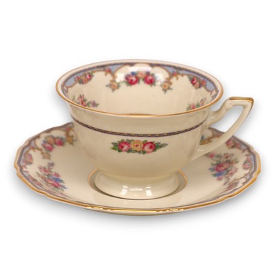 Thomas Gloucester Tea Cup Saucer Set Floral Swag Gold Trim Germany Vintage