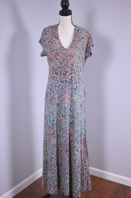 Peruvian Connection Floral Maxi Dress V-Neck Short Sleeve Women's Large L