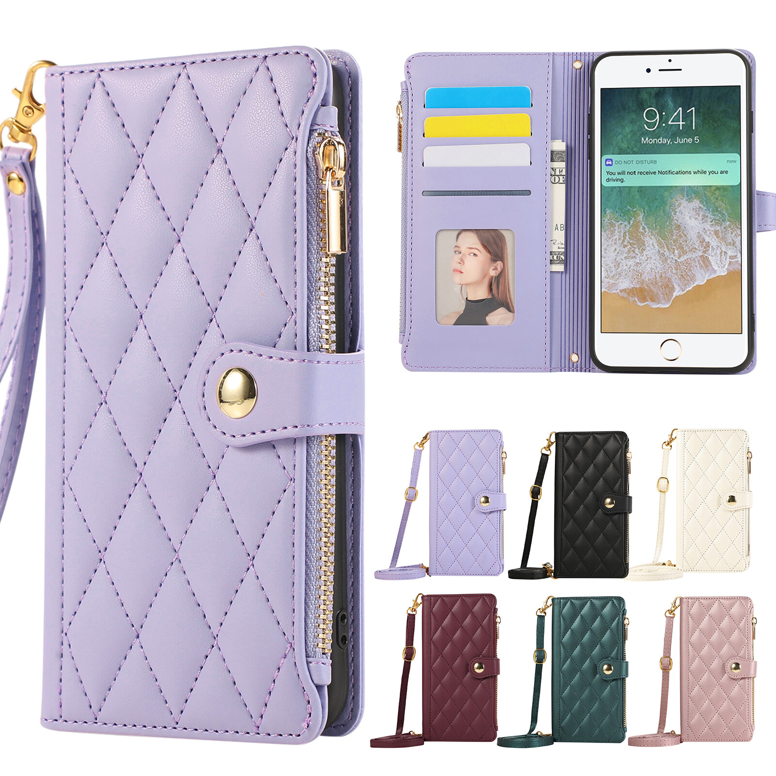 Fr iPhone 16 Pro Max 15 14 13 12 11 X 7 Crossbody Strap Flip Leather Wallet Case