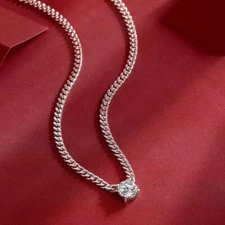 1ct Round Moissanite Cuban Chain Necklace pendan Women S925 Silver Pass Tester