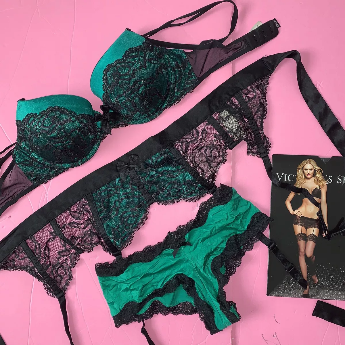 Victoria's Secret 32D BRA SET+GARTER belt+S panty EMERALD green Black lace  gold