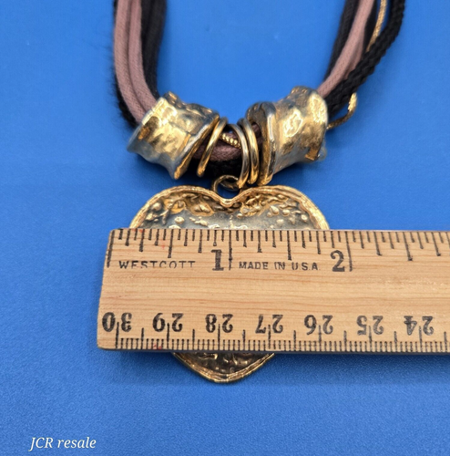 Corded Strands Brutalist Necklace Gold Tone Hammered Heart Pendant 16" - Picture 9 of 12