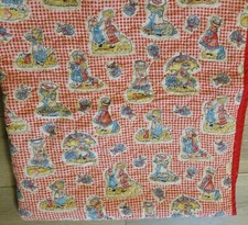 Vtg Holly Hobbie Red Blue Quilt Blanket Throw All Over Print Handmade