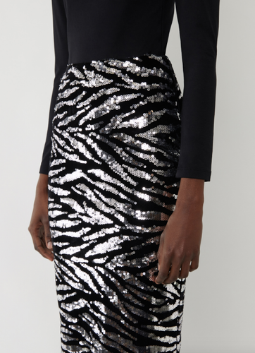 WAREHOUSE Zebra Sequin Midi Skirt in 