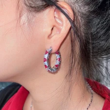 White Gold Plated Triangle Red Cubic Zircon CZ Double Sided Round Hoop Earrings