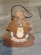 Rusted metal Pine Tree Santa merry Xmas ornament decor