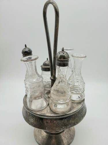 Antiguo conjunto de 6 botellas Cruet Caddy de condimento plateado plateado - Imagen 2 de 11