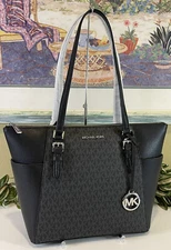 MICHAEL KORS CHARLOTTE MEDIUM LARGE ZIP TOTE SHOULDER BAG BLACK MK LOGO SILVER