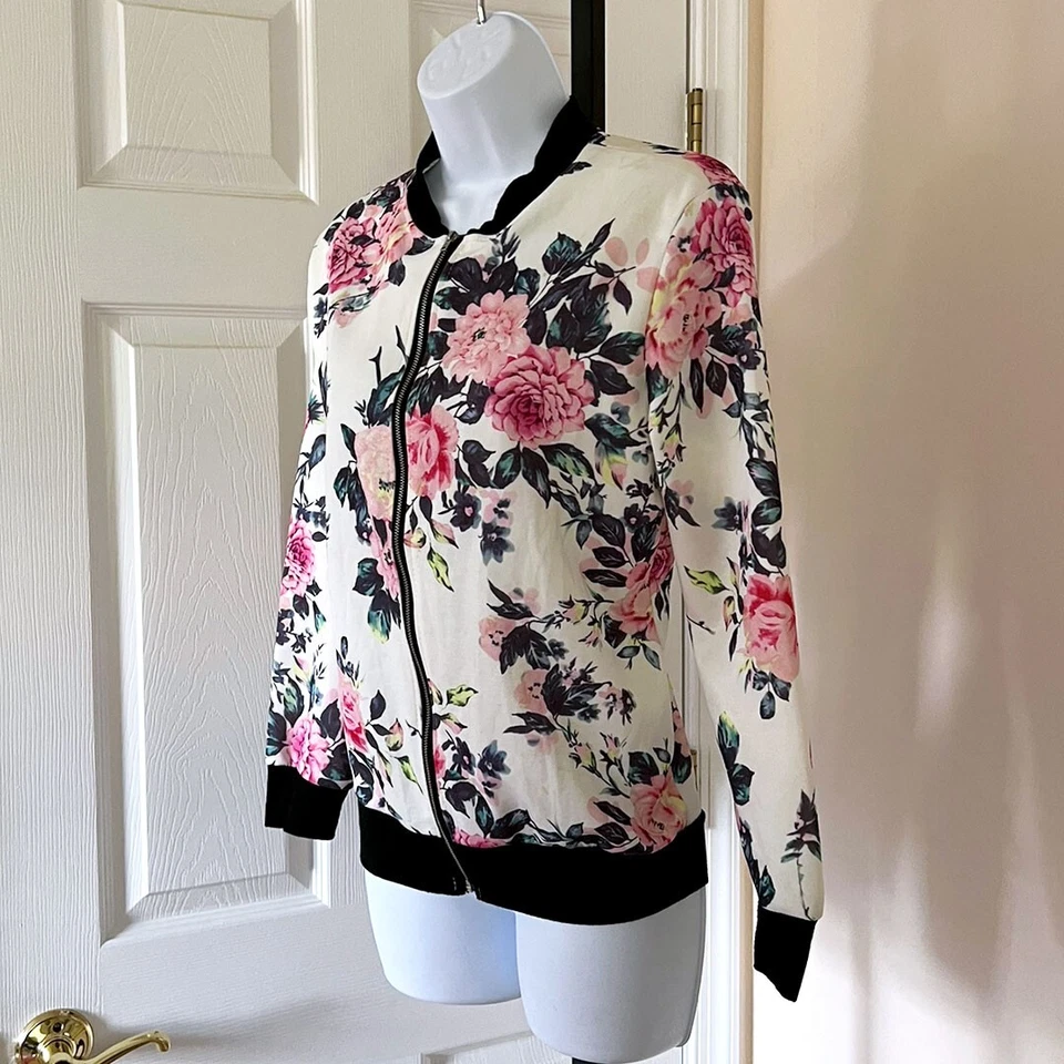 Chaqueta de bombardero ligera con cremallera EQ estampado floral abrigo de béisbol marfil/rosa talla M Foto 4 de 4