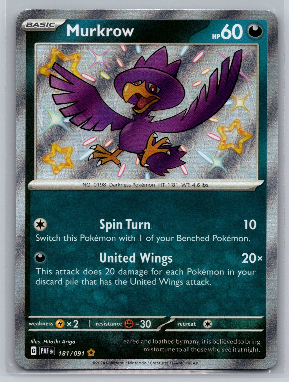 Murkrow Holofoil 181/091 Shiny Rare SV: Paldean Fates Near Mint