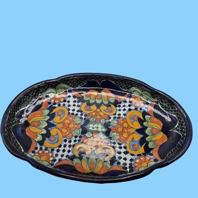 Talavera Hand-Painted Oval Serving Platter Floral Design Signed La Corona 14 x10