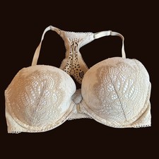 Victoria's Secret Push Up Bra 36DD Beige Lace Racerback Front Close Dream Angels