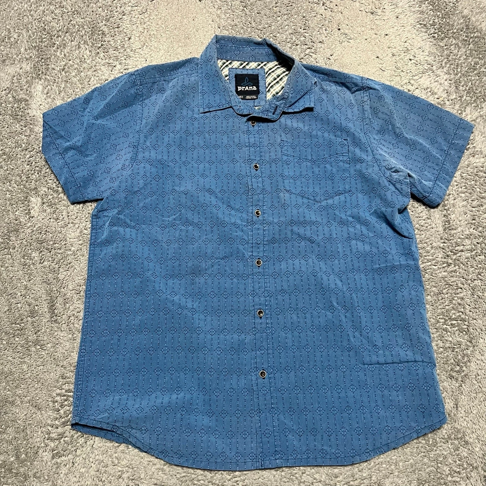Prana Shirt Mens Medium Blue Short Sleeve Button Organic India Hiking