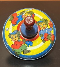 Vintage Ohio Art 1950's Toy Tin Top Bears Playing Baseball Litho Wood Handle