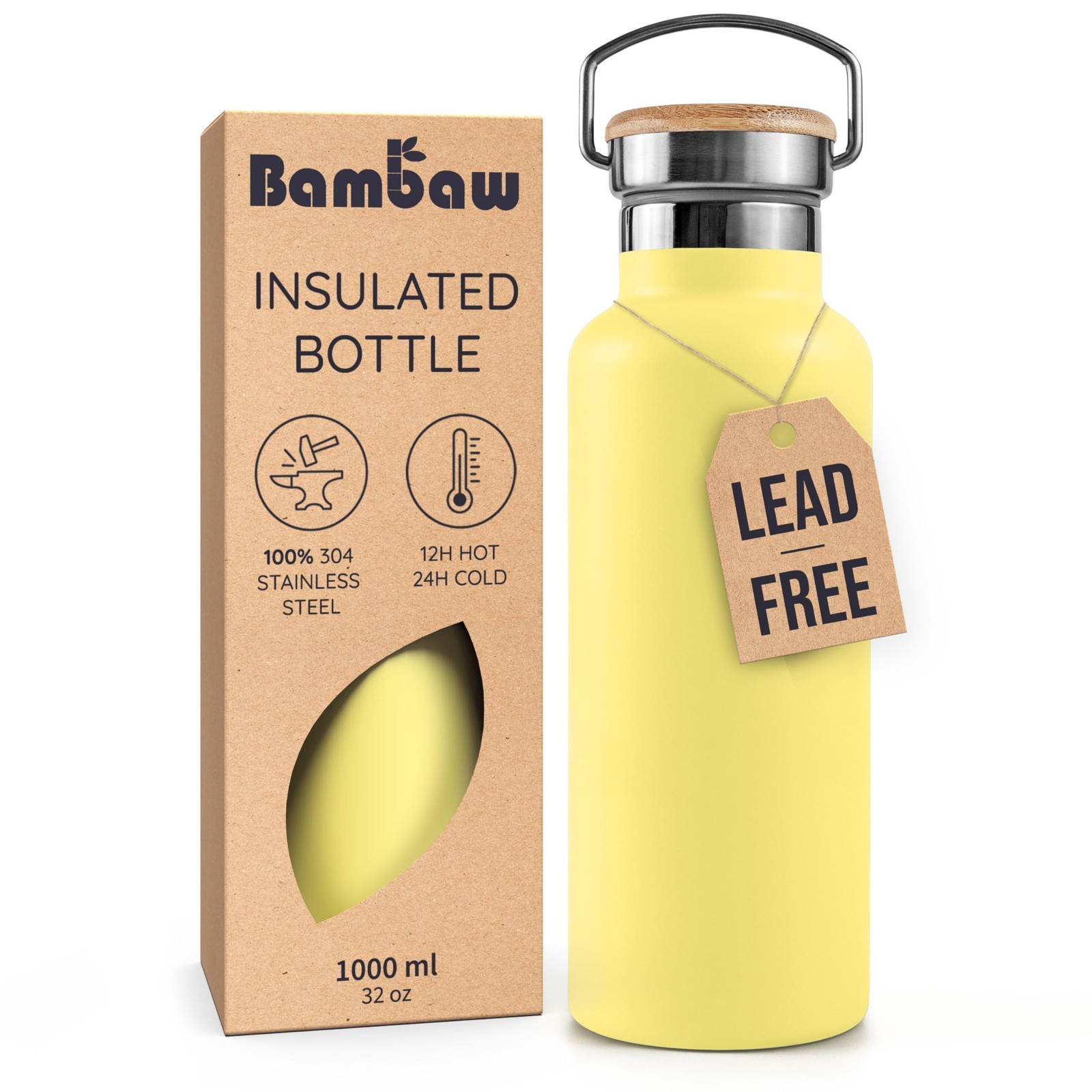 1L Insulated Yellow Stainless Steel Water Bottle Leakproof T