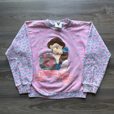 Vintage Disney Beauty & The Beast Sweatshirt Youth Kids AOP Pink Floral SSI L