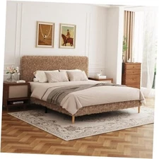 Size Platform Bed Frame with Adjustable Headboard, Anti-Collision Queen Almond