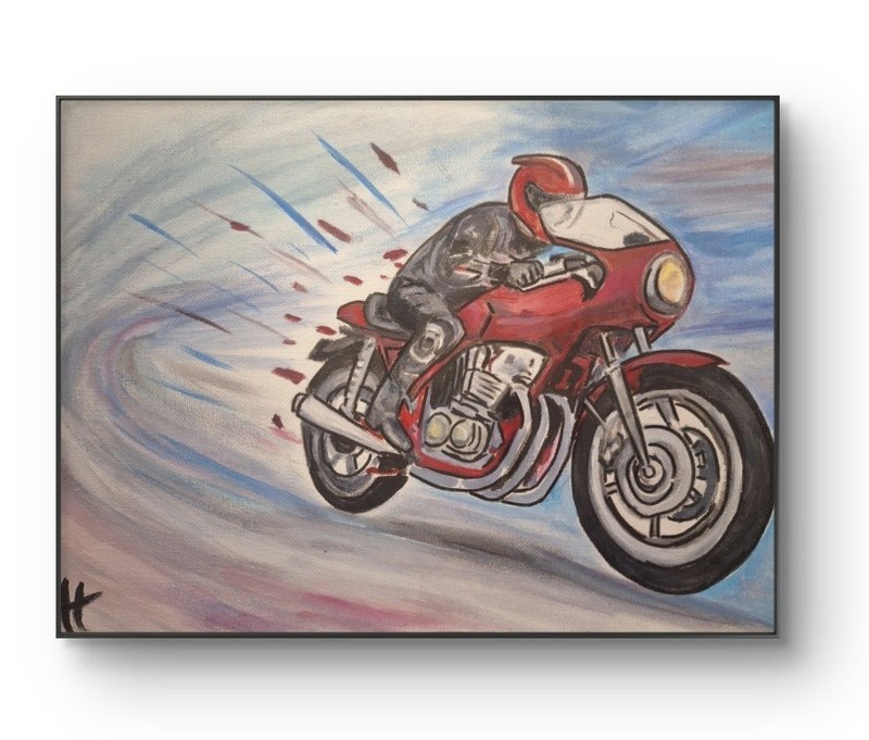 Original Red Motorbike 9x12 Canvas Paper Acrylic Painting Home Decor
