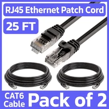 2 Pack 25 FT Cat6 Ethernet Patch Cord Black RJ45 LAN Network Cable Internet Cord