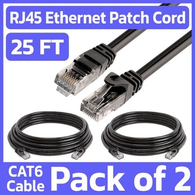 2 Pack 25 FT Cat6 Ethernet Patch Cord Black RJ45 LAN Network Cable Internet Cord