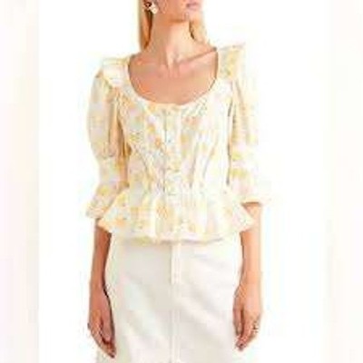 ANNA MASON Vintage Rosi Banana Peplum Ruffle Sleeve Scoop Neck Button Top 10