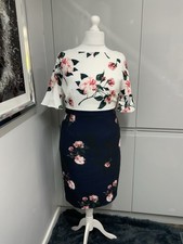 PHASE EIGHT Ivory Navy Floral Bodycon Dress UK 16 Summer Wedding Cocktail Party