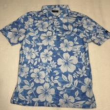 YATTA Golf Polo Shirt Floral Hibiscus Blue Perforamnce Stretch Mens Size Large.