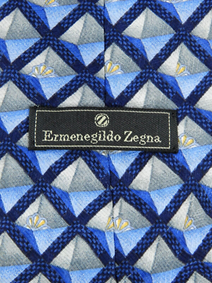 ERMENEGILDO ZEGNA Men's Silk Necktie Designer CROSSHATCH Blue/Gold