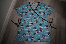 White Cross Scrub Top- Winter Penguins Print- Size XS