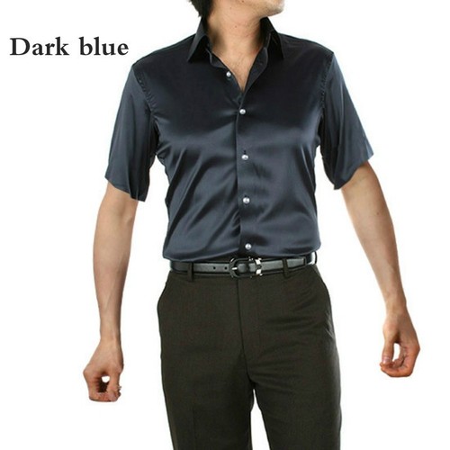 Men Faux Silk Satin Dress Shirts Short 