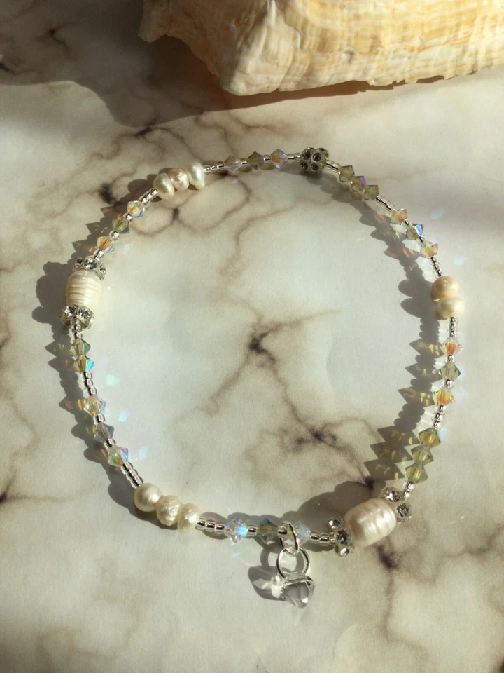 Tornozeleira de cristal pérola feita à mão com elementos Swarovski com anel elástico grátis EUA - Imagem 3 de 4