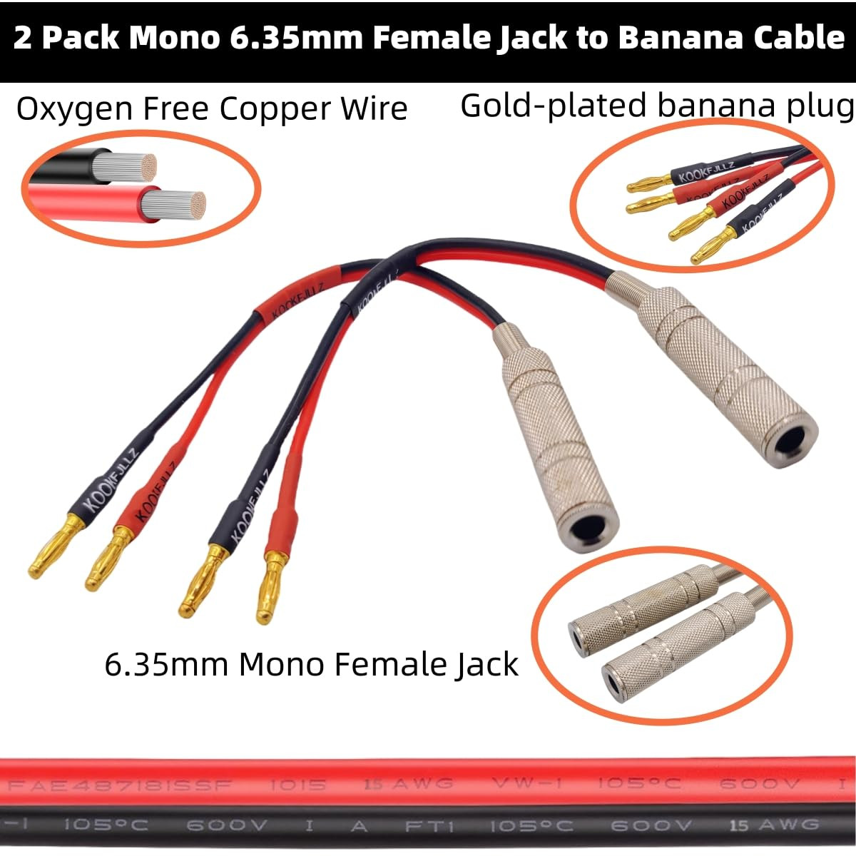 2-Packs 1/4 Inch TS Female to Banana Plug, 6.35Mm Female Jack to Banana Plug Spe