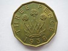 1938 brass Threepence A UNC excess metal at base of neck
