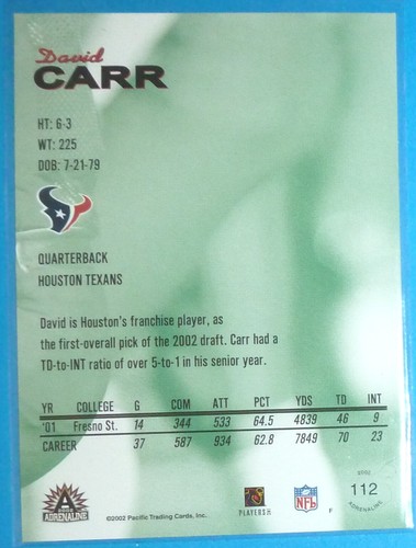 Tarjeta de novato Pacific David Carr 2002, Bam Morris llena de acción RC Texans Steelers - Imagen 2 de 4