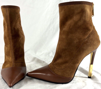 BALMAIN Brown Suede Leather Ankle Zip Heeled Boots Made in Italy