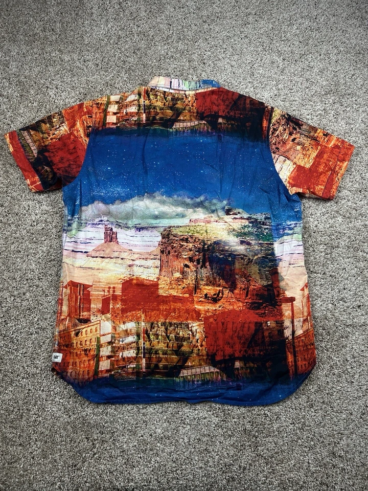 Caterpillar Shirt XL Mens Blue Short Sleeve Button Up Cotton Desert Graphic AOP - Image 3 of 4