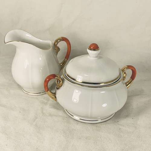 Vtg Striegau Silesia porcelain sugar & creamer with orange & gold trim Germany