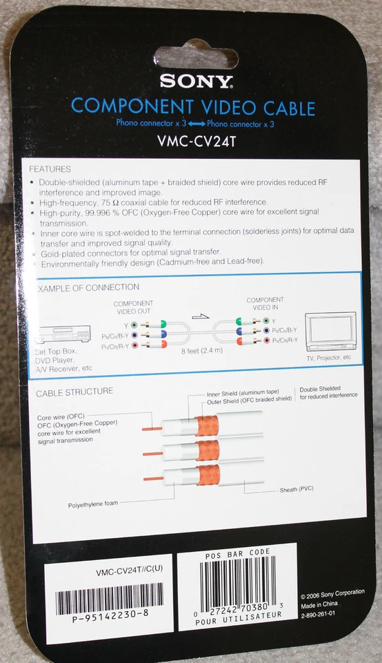 *NIB* Sony VMC-CV24T Premium High Definition HD 8 FT Component Video Cable White - Image 2 of 2