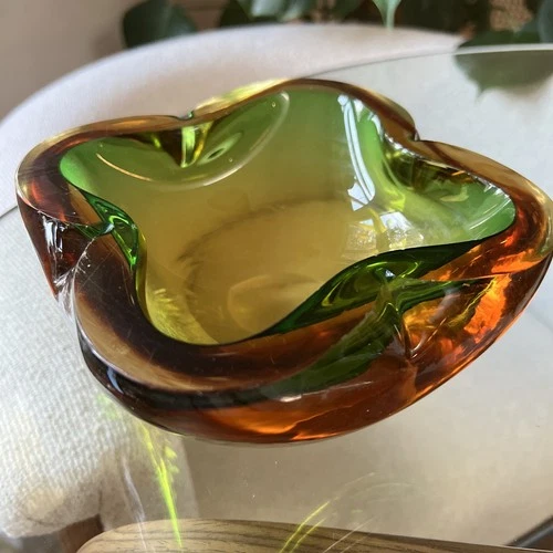 Murano Style Sommerso Art Glass Ashtray Bowl Green Amber Heavy Mid Century